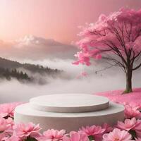 AI generated Dreamy Podium mockup with Flowers, Trees, and Fog for Product Display photo