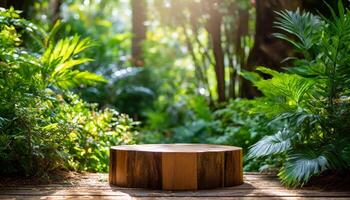 AI generated podium mockup made of wood, displayed in a lush garden photo