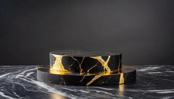 AI generated black and gold marble podium mockup for product showcase photo