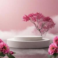 AI generated Dreamy Podium mockup with Flowers, Trees, and Fog for Product Display photo