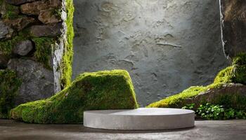 AI generated Stone Podium with Moss Background for Product Showcase mockup, empty product display podium podium photo