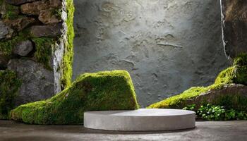 AI generated Stone Podium with Moss Background for Product Showcase mockup, empty product display podium podium photo