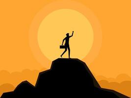 Man happy to succeed in climbing a mountain. Vector
