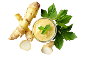 AI generated Fresh Horseradish Sauce with Roots and Leaves png