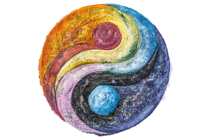 ai gegenereerd kleurrijk yin yang symbool in krijt structuur PNG
