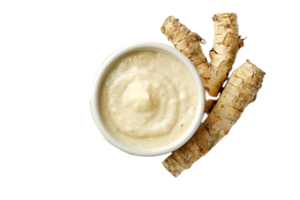 AI generated Fresh Horseradish Sauce with Roots and Leaves png