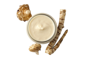 AI generated Fresh Horseradish Sauce with Roots and Leaves png