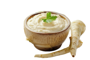 AI generated Fresh Horseradish Sauce with Roots and Leaves png