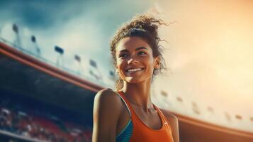 ai generado deporte competencia, victoria concepto. contento sonriente bonito afro americano joven mujer atleta a al aire libre estadio foto