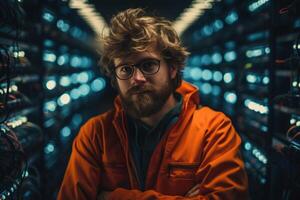 AI generated Programmer, male engineer specialist in glasses standing in a high-tech server room and looking at camera photo