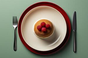 AI generated Diet concept. Top view one muffin with berries on a plate with a fork and knife photo