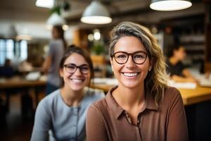 AI generated Teacher and student at university library, studying. Portrait of smiling woman indoors, selective focus on middle-aged woman in glasses photo
