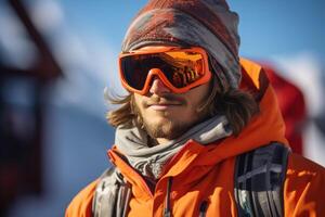 ai generado activo alegre joven masculino snowboarder o esquiador en ropa de calle y máscara mirando lejos mientras en pie en Nevado montañas al aire libre, invierno deporte foto