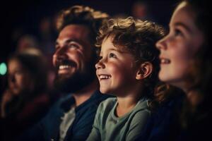 ai generado niños y papá acecho un película en un grande cine salón. selectivo atención en sonriente chico hijo foto