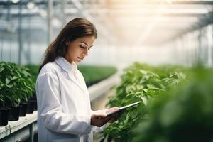 AI generated Side view of female farmer scientist in white coat using tablet for analysis while working in eco farm greenhouse, copy space. Agriculture and technology photo