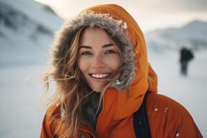 AI generated Travel, hike, explore concept. Portrait smiling cheerful woman traveler in hooded jacket looking at camera in north photo