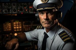 AI generated Portrait of an adult male pilot in headphones and uniform sitting at computer inside plane and looking at camera photo