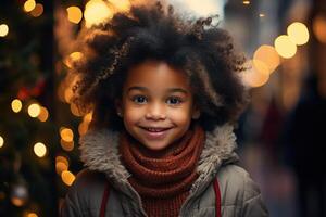 ai generado africano americano pequeño sonriente Rizado gracioso niño en festivo antecedentes bokeh guirnalda al aire libre, contento nuevo año y Navidad niño retrato foto