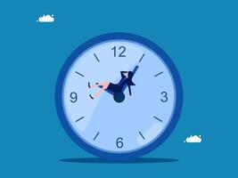 Low performance. Undisciplined businesswoman lying on the work clock vector