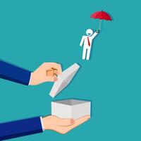 businessman is flying out of a box with an umbrella vector