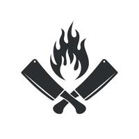 Grill Restaurant, Butcher Knife and Fire Icon Logo Vector Illustration Design