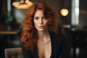 AI generated Sexy woman in a restaurant, beautiful successful confident red-haired lady in a suit sitting at a table and looking at camera photo