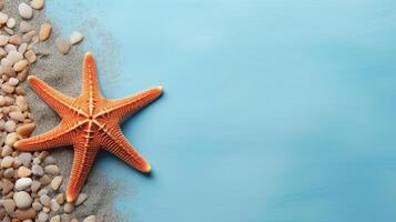 AI generated Orange starfish with sand and stones on a blue background, marine banner with copy space photo