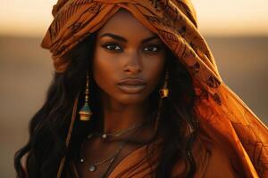 ai generado retrato de un hermosa mujer en tradicional naranja vestir y joyería al aire libre, bonito afro americano modelo posando en Desierto y mirando a cámara foto