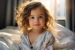 AI generated Good morning concept, portrait of little cute caucasian girl child in pajamas sitting on bed in bedroom on sunny morning and looking at camera photo