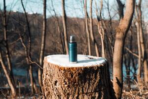 Thermos standing on a tree stump covered with snow. photo