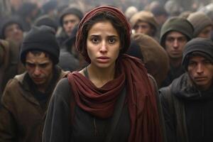 AI generated Arab refugees from Middle East, portrait of sad poor woman in crowd of oppressed people. World social problems concept photo