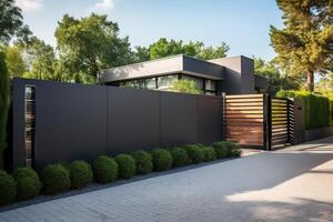 AI generated Modern minimalist panel fence with gate and house exterior, property protection photo