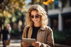 ai generado sonriente atractivo joven mujer vistiendo Gafas de sol y casual ropa utilizando tableta al aire libre en un soleado otoño día, estilo de vida foto