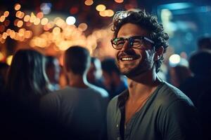 ai generado contento hermoso hombre ir de fiesta en Club nocturno, sonriente elegante chico con lentes a música festival adentro a noche foto