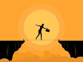 Balanced businessman climbs rope across cliff gap. vector
