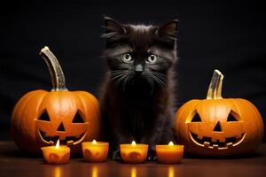 AI generated Halloween concept. Cute black kitten, pumpkins and candles indoors. Pet looking at camera on dark background photo