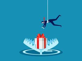 concept of deception or cheating. Businessman tries to pick up a trapped gift box vector