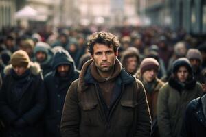 AI generated Crowd of sad, tired people in outerwear on street, an adult man standing and looking at camera photo