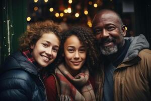 ai generado retrato de interracial familia, contento africano americano padre y hijas juntos en festivo Navidad antecedentes al aire libre foto
