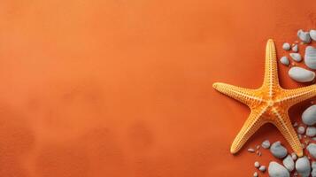 AI generated Marine banner with copy space, top view starfish with stones on an orange background photo