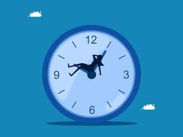 Self discipline problems. Undisciplined businessman lying on the work clock vector