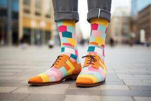 ai generado impar calcetines día, Anti bullying concepto. gracioso de colores elegante de los hombres calcetines en pies al aire libre, de cerca foto