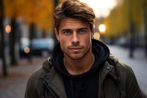 AI generated Handsome Caucasian European guy in casual outerwear in autumn park looking at camera photo