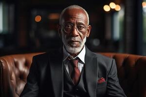 AI generated Portrait of an African American senior business man in a suit and glasses sitting in a chair in an office looking at camera. Lawyer or director photo