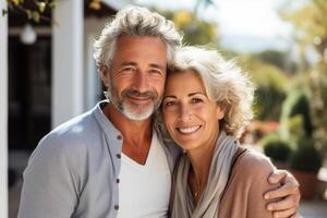 ai generado retrato de sonriente medio Envejecido hombre marido abrazando su hermosa esposa juntos en jardín al aire libre. contento mayor casado Pareja en patio interior de casa, romance foto