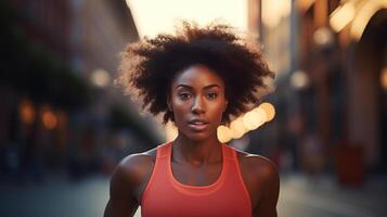 AI generated Sports and outdoor training, afro american woman athlete in a tank top running on street in city photo