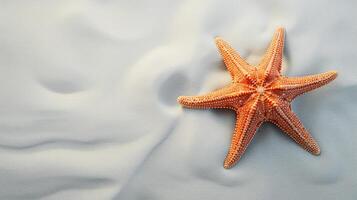 AI generated Marine life banner with copy space, top view orange starfish on beach sand photo
