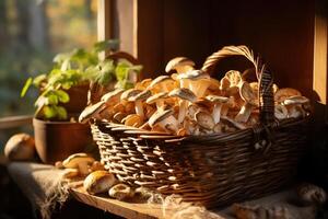 ai generado comestible hongos en un mimbre cesta en antepecho en un soleado Mañana adentro foto