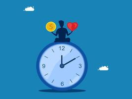 Manage working time. man balances finances and life on the clock vector