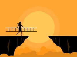 person carries a ladder over an obstacle that is a gap in a cliff vector